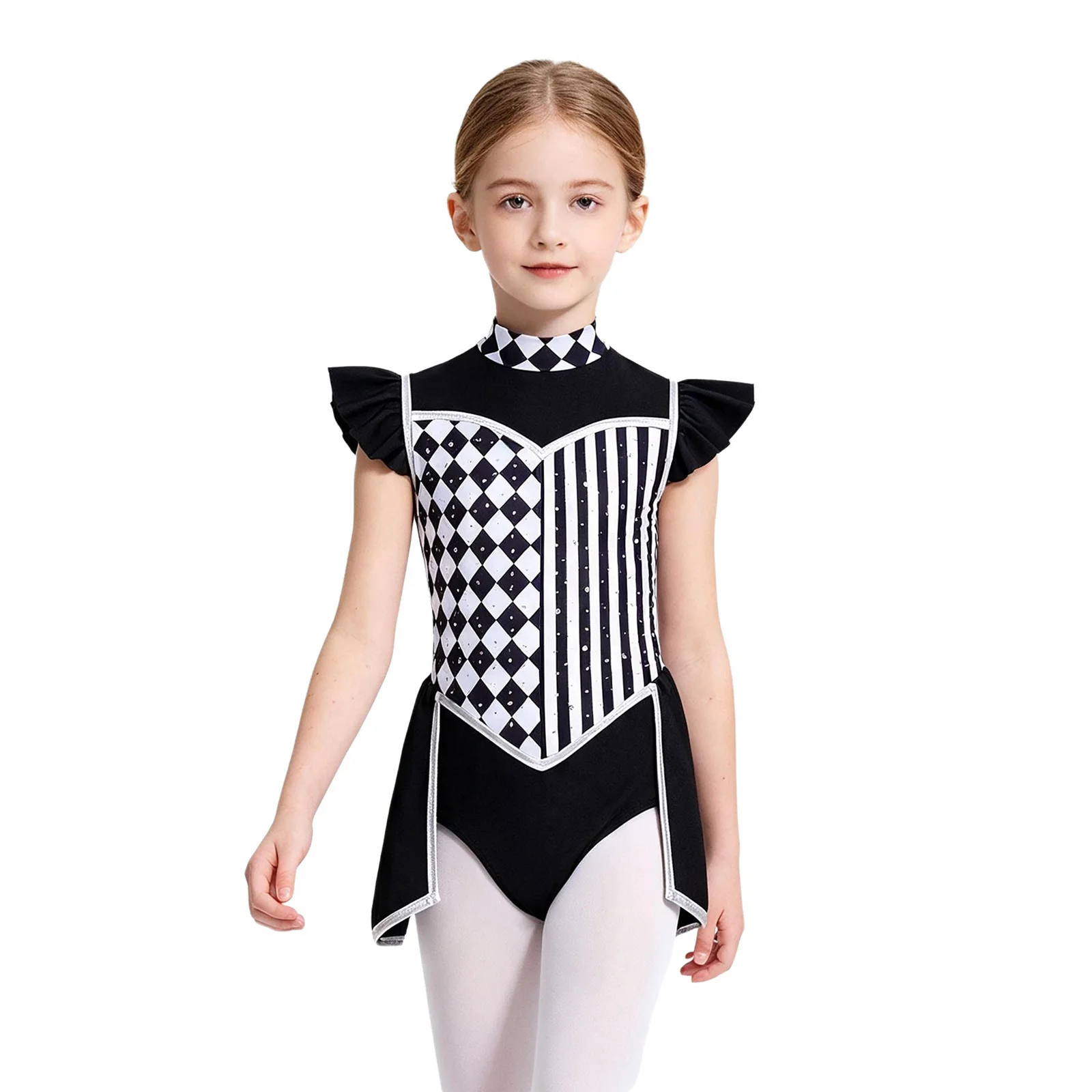 Girls Halloween Circus Clown Performance Costume Ruffled Sleeve Mock Neck Zipper Dance Bodysuit for Carnival Masquerade Party