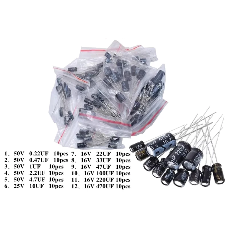 1set of 120pcs 12 values 0.22UF-470UF Aluminum electrolytic capacitor assortment kit set pack