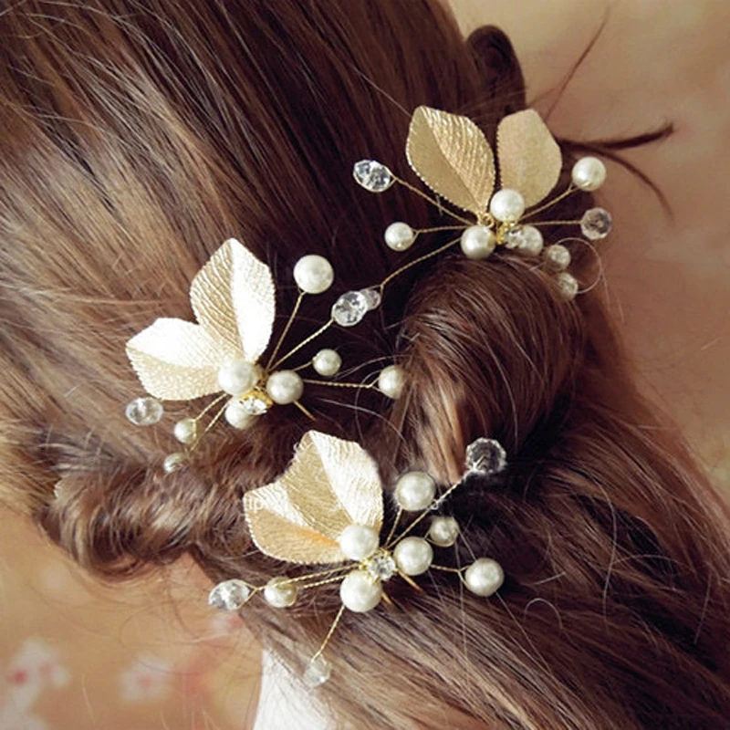 Handmade Gold Color Leaf Wedding Hair Pin Clip Crystal Pearl Bridal Hairpins For Women Vine Hair Jewelry