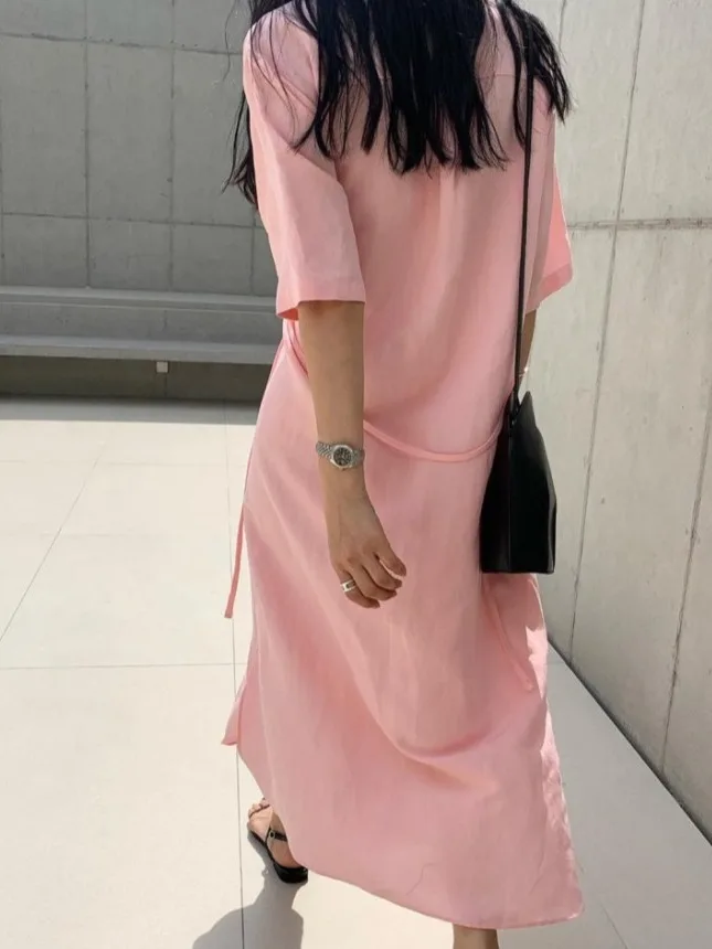 Faionable Pure Color irt Dr Dames Zomer Afslanken Zijknop Taille Cinch Ontwerp Halflange Rok Kraag Lange S...