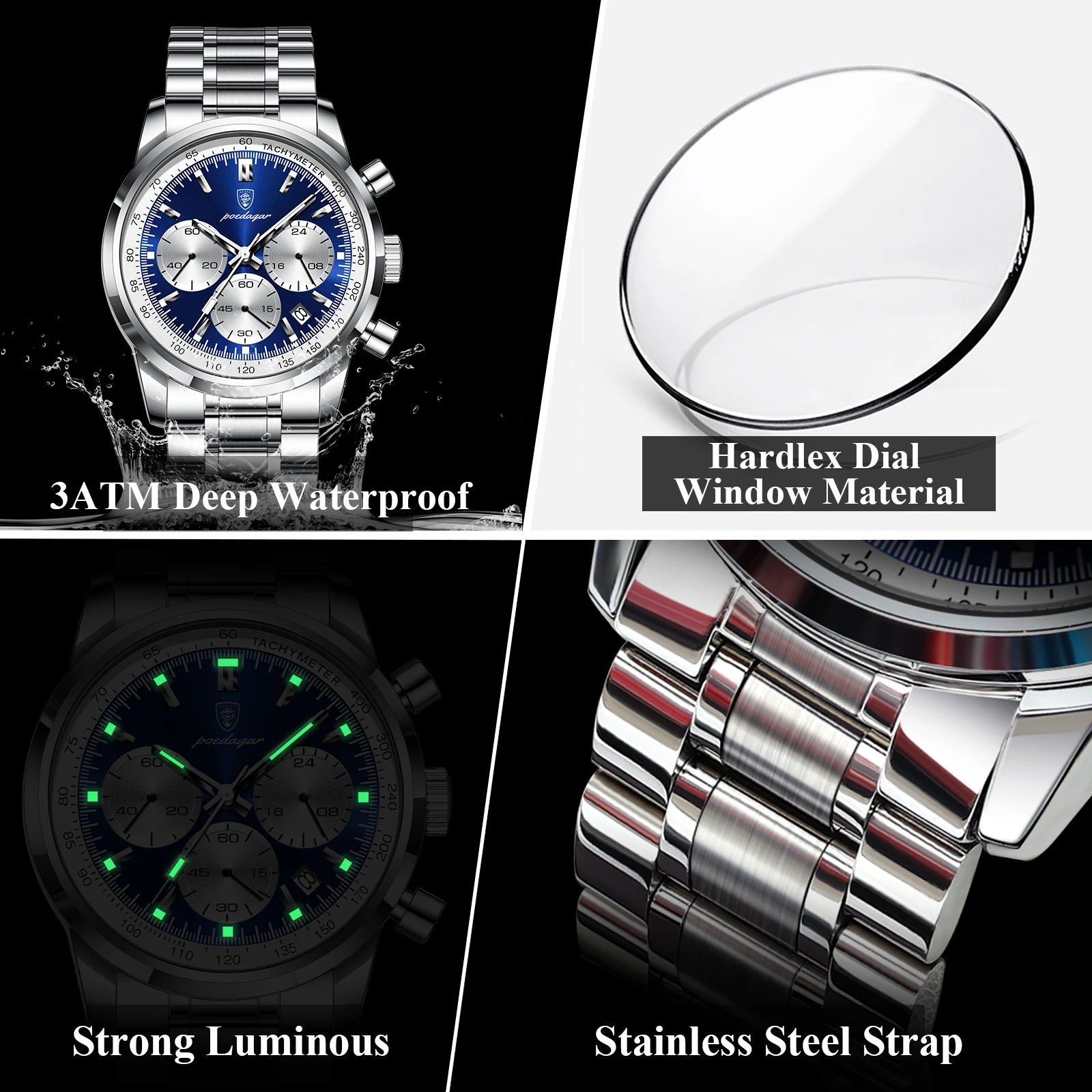 POEDAGAR Luxury Men Watch Waterproof Luminous Chronograph Date Stainless Steel Watch for Men Quartz Military Men\'s Watches Reloj