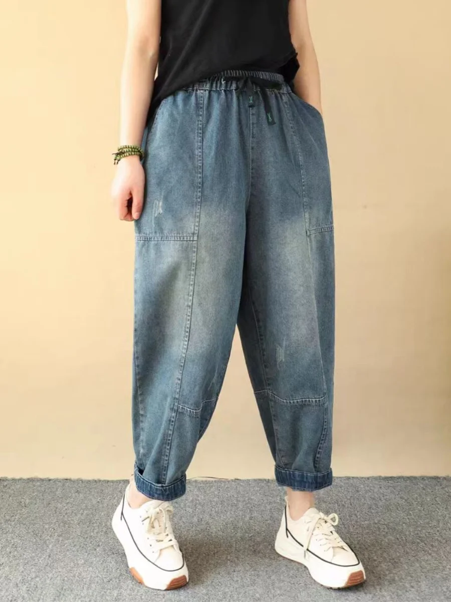 Jeans da donna semplici patchwork retrò primavera estate larghi taglie forti dimagranti pantaloni Harlan casual a nove punti pantaloni da papà