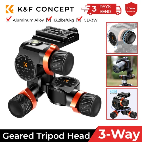K & F Concept-Cabezal de fluido de alta precisión, capacidad de carga de 13.2lbs/6kg, cabezal de trípode con engranaje de 3 vías, aleación de aluminio para cámara de fotografía