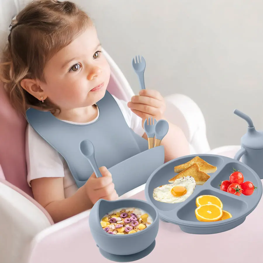 Mamaplan 8 pièces Silicone bébé alimentation ensemble plaque d'aspiration bol étanche bavoir Sippy tasse Silicone cuillère fourchette vaisselle pour enfants