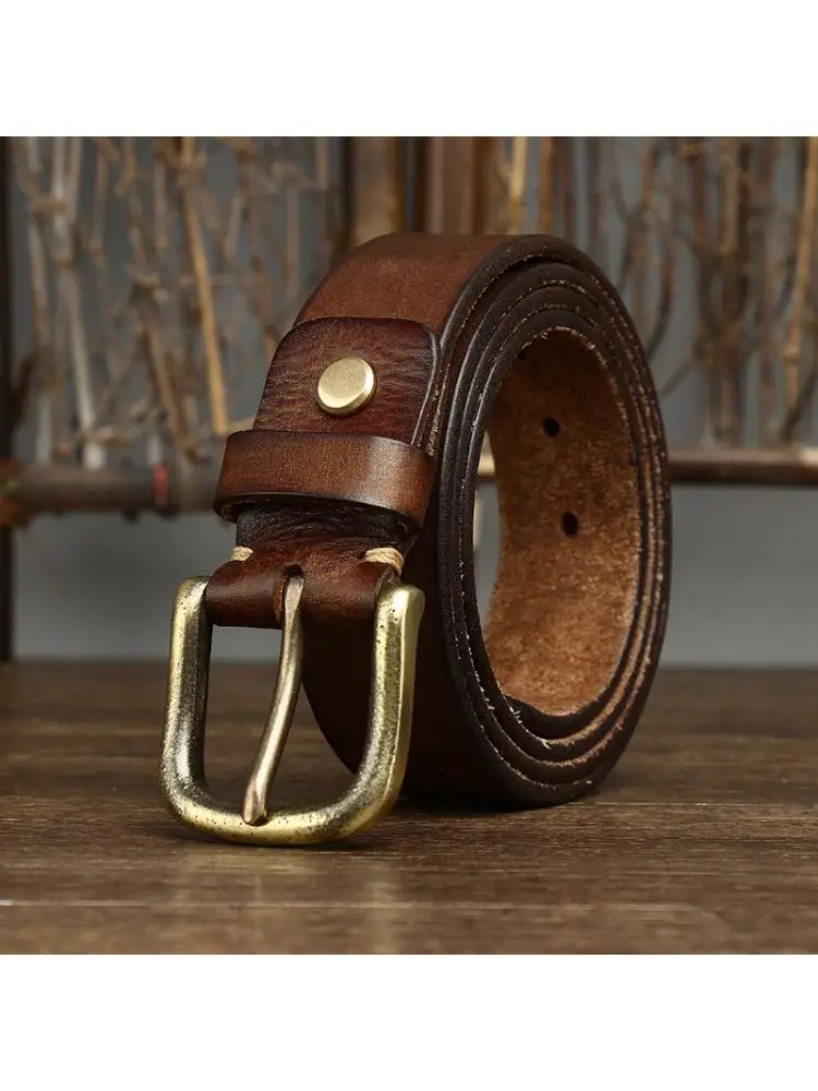 Wide 3.3CM  Vintage Antique Men Belt Top Layer Cowhide Pure Copper Pin Buckle Casual Jeans Old Handmade Leather High Quality