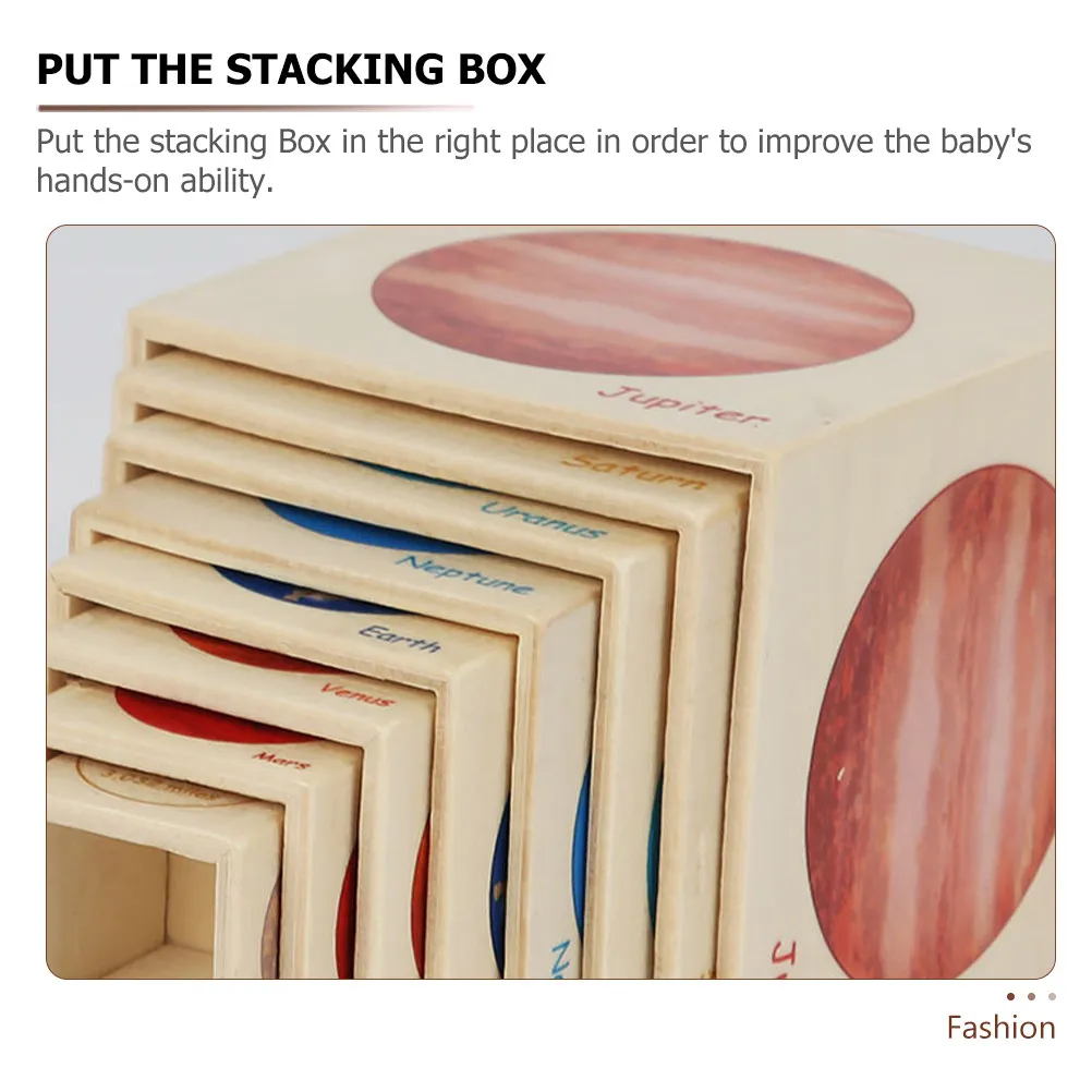 1Set Eight Planet Stacking Box Educational Wooden Solar System Game Interactive Baby Cognitive Stacker Fun Learning Set