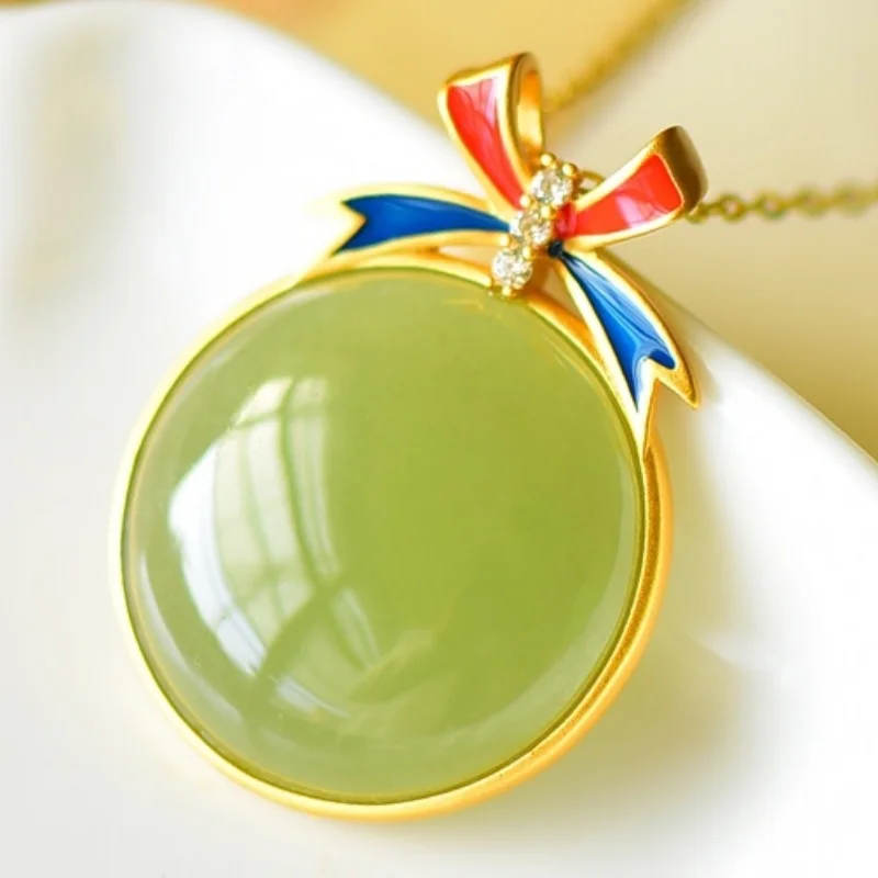 SGARIT Natural Hetian Green Jade S925 Silver Round Badge Pendant 21*29mm Colorful Bowknot Accents Unique Design Style Necklace