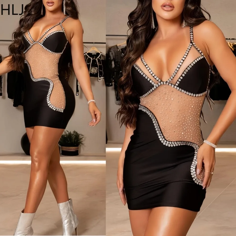 

HLJ Sexy Rhinestone Patchwork Bodycon Dresses Women Spaghetti Strap See Through Backless Dress Female Party Clubwear Vestidos