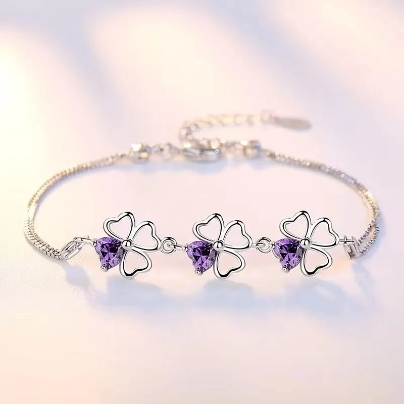 NEW fine 925 Sterling Silver Purple crystal Lucky Clover Bracelets for women fashion party wedding accessories Jewelry 17CM+4CM