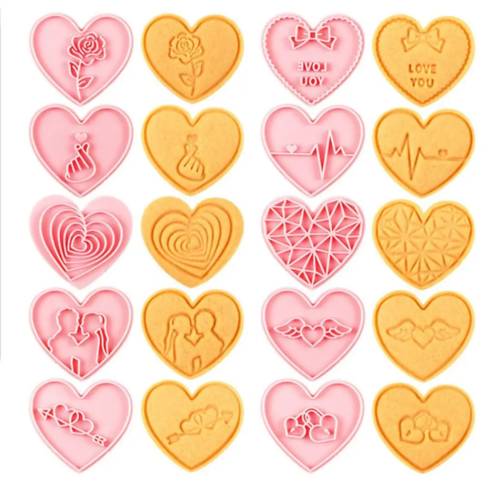 10Pcs/set Clay Cutter Love Heart Shape Cookie Cutter Hand Press Mixed Pattern Biscuit Mold PP Pink Cookie Embossing Stamp Home