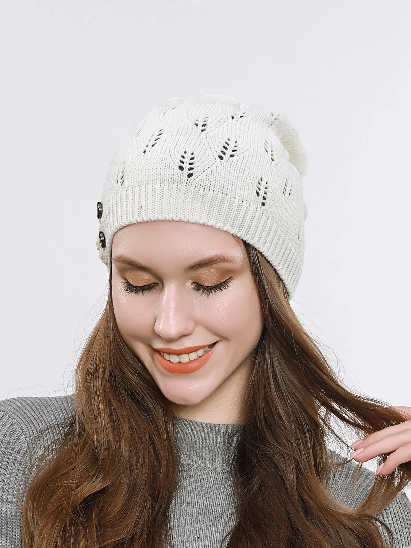 Knit Hollow Leaf Lace Button Warm Hat Women\'s Pullover Beret Hat