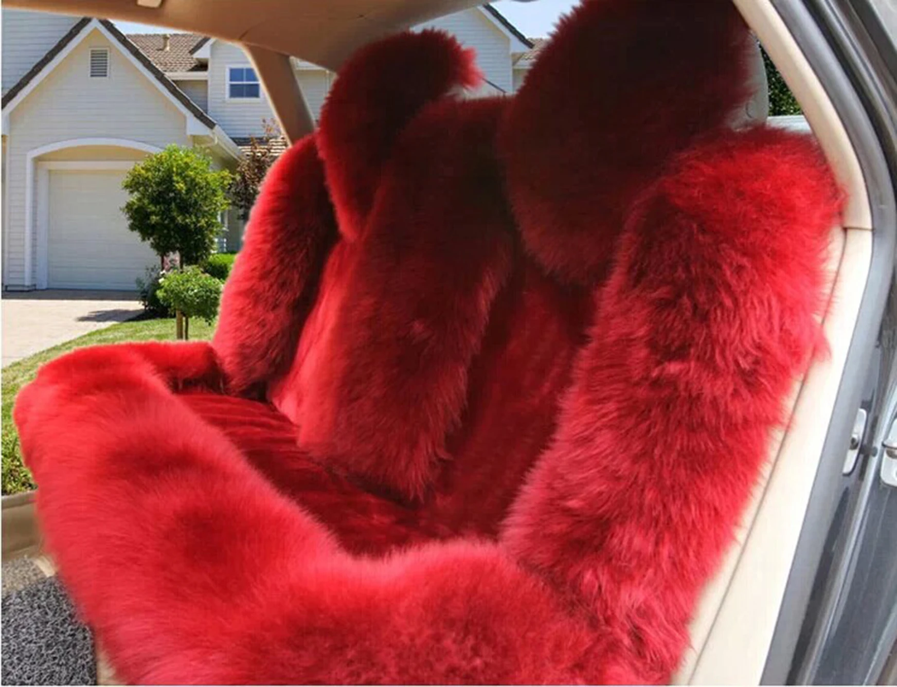 3pcs 100% Sheepskin Car Seat Covers Full Set Unviersal Genuine Fur Car Seat Cover Long Wool Auto Cushion Christmas