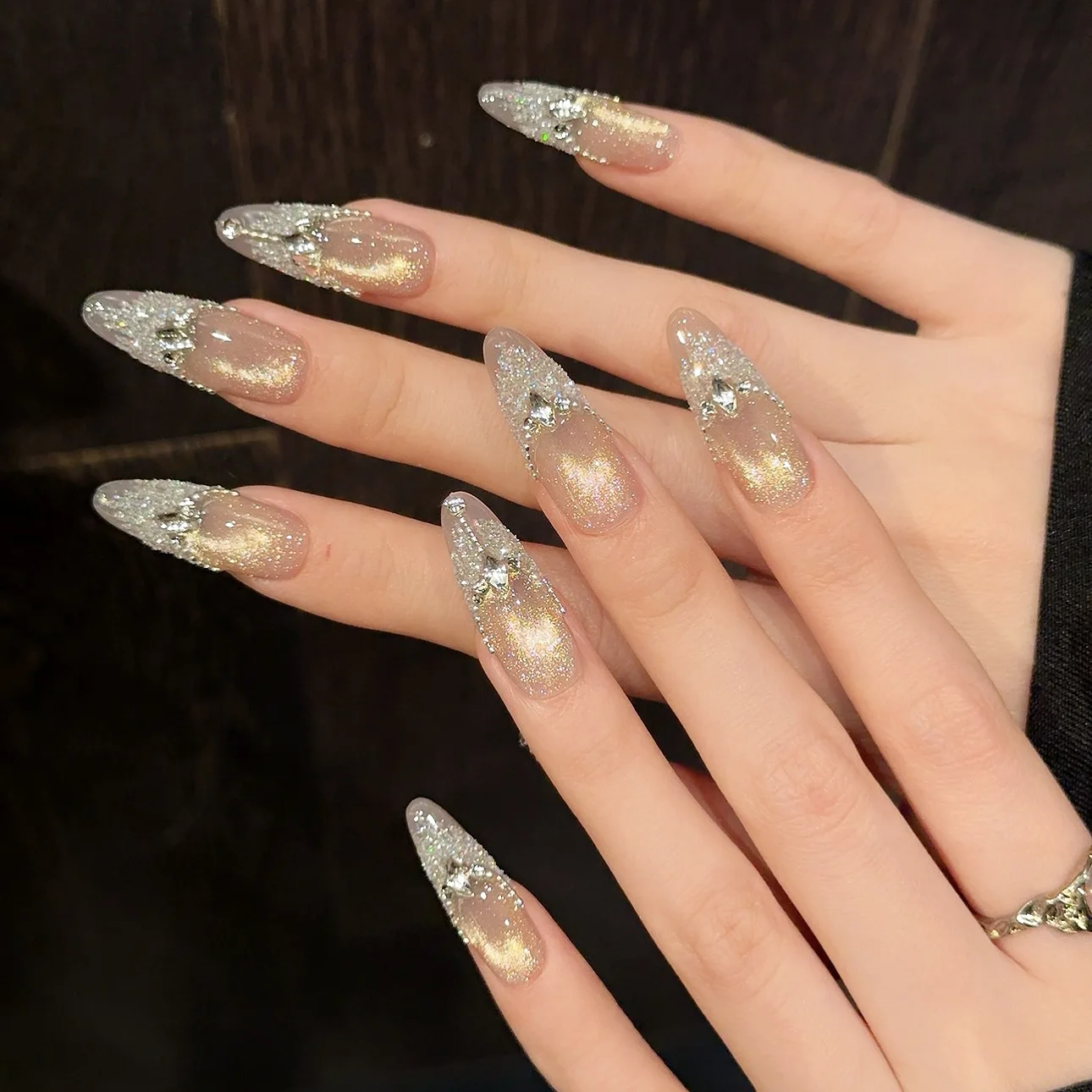 Handmade Press on Nails Glitter Diamond Design Fake Nails Heavy Metal Aurora French Cat Eye Almond Shaped False Nail Patches