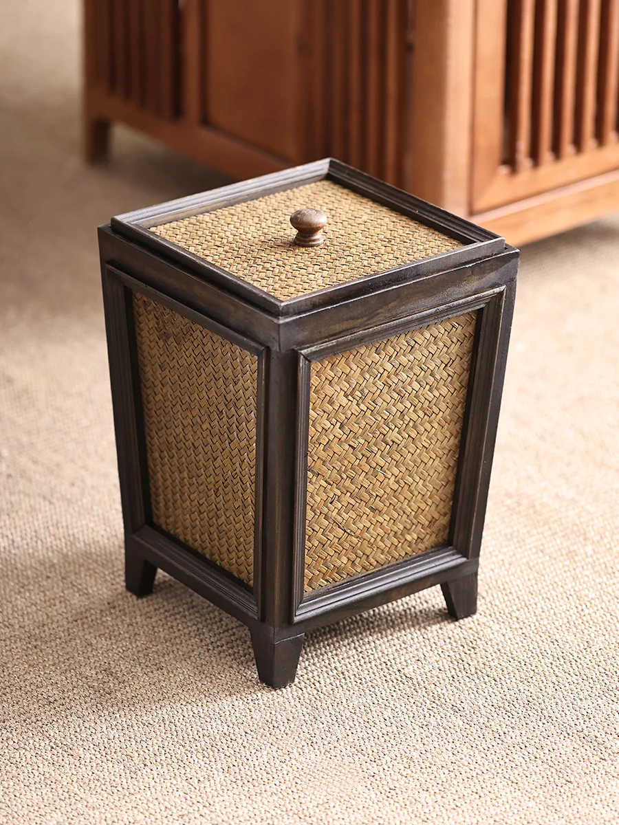 Vintage wooden paper basket with lid, living room, tea room, antique bamboo woven garbage basket, household