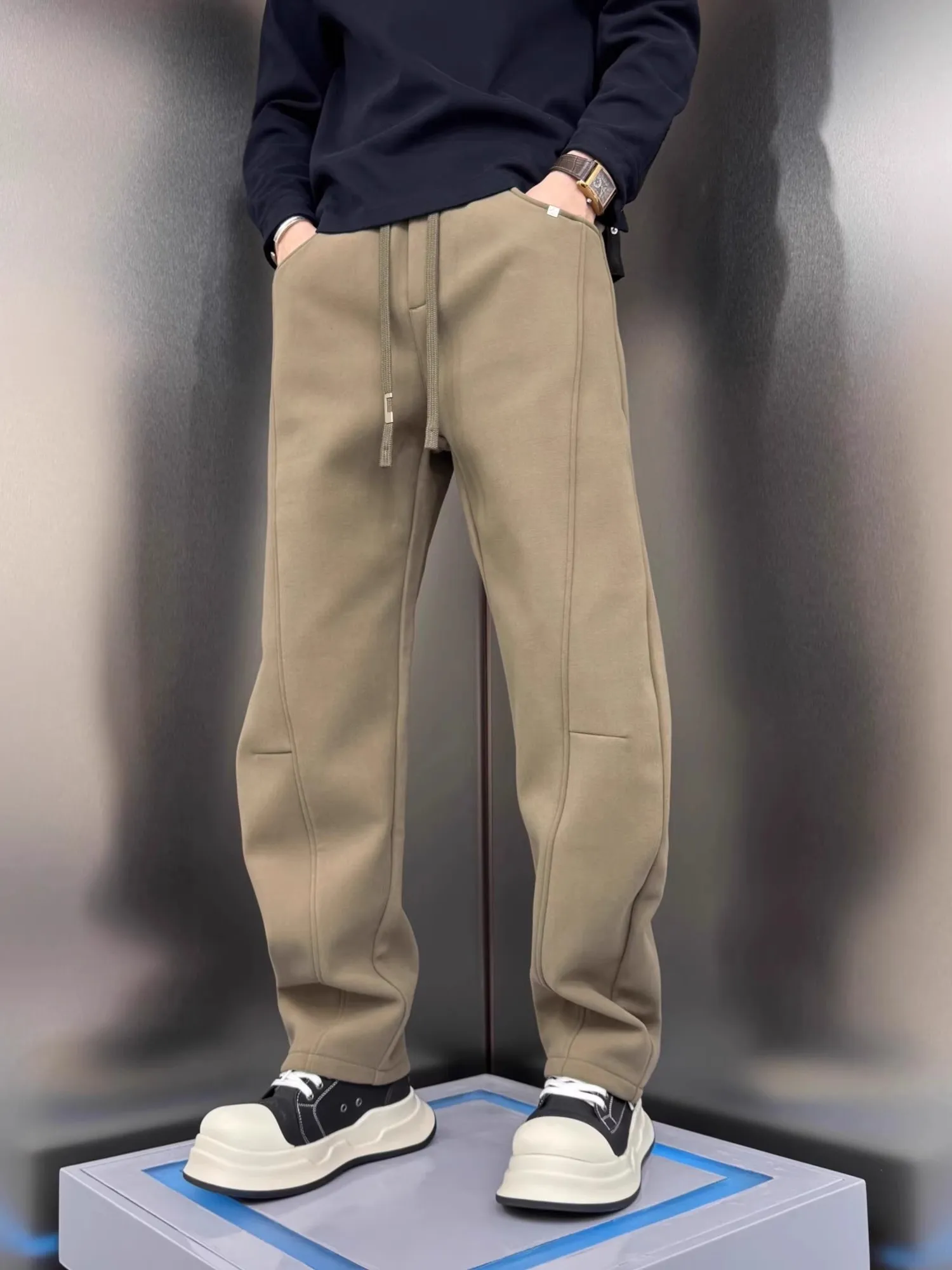 

Thiened Fce Lined Casual Pants Loose Wide Leg Knife Pants American Sle Warm Straight Cut Sports Trousers for Men