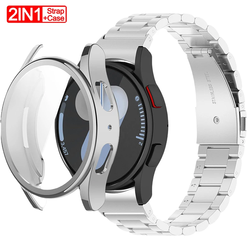 TPU Case+Stainless Steel Strap for Samsung Galaxy Watch 7 40mm 44mm Metal Bracelet Soft Protector Bumper Cover for Galaxy Watch7