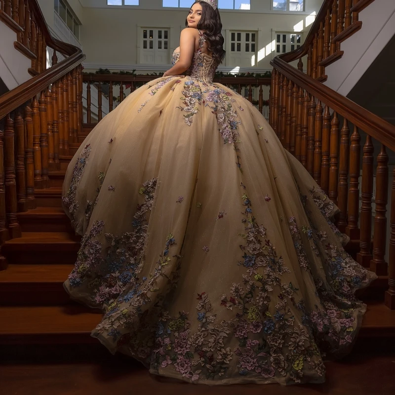 الشمبانيا فساتين Quinceanera الكرة ثوب قبالة الكتف زين الدانتيل الديكور كريستال تول الحلو 16 فستان Vestidos 15 De Anos