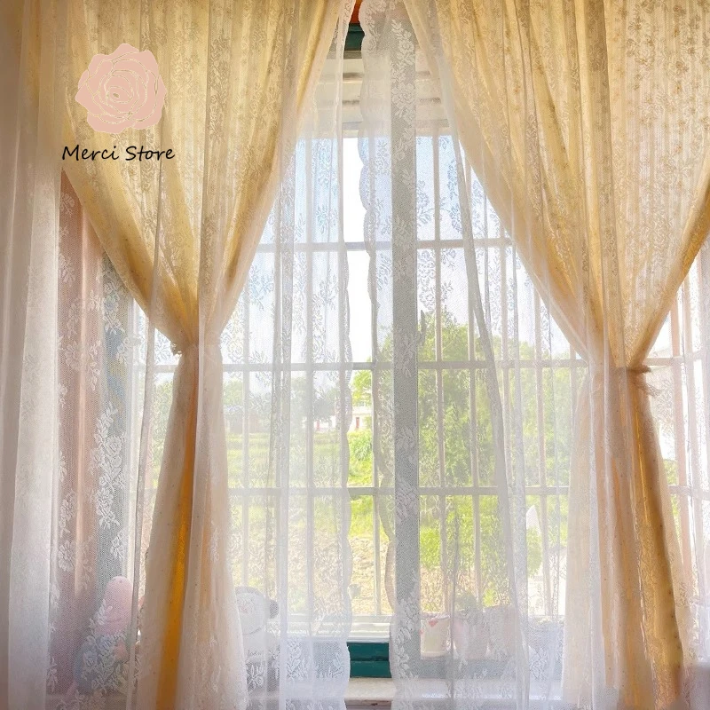 

Curtains for Living Room French Double Layer Punch Free Small Daisy Lace Gauze Blackout Thermal Custom