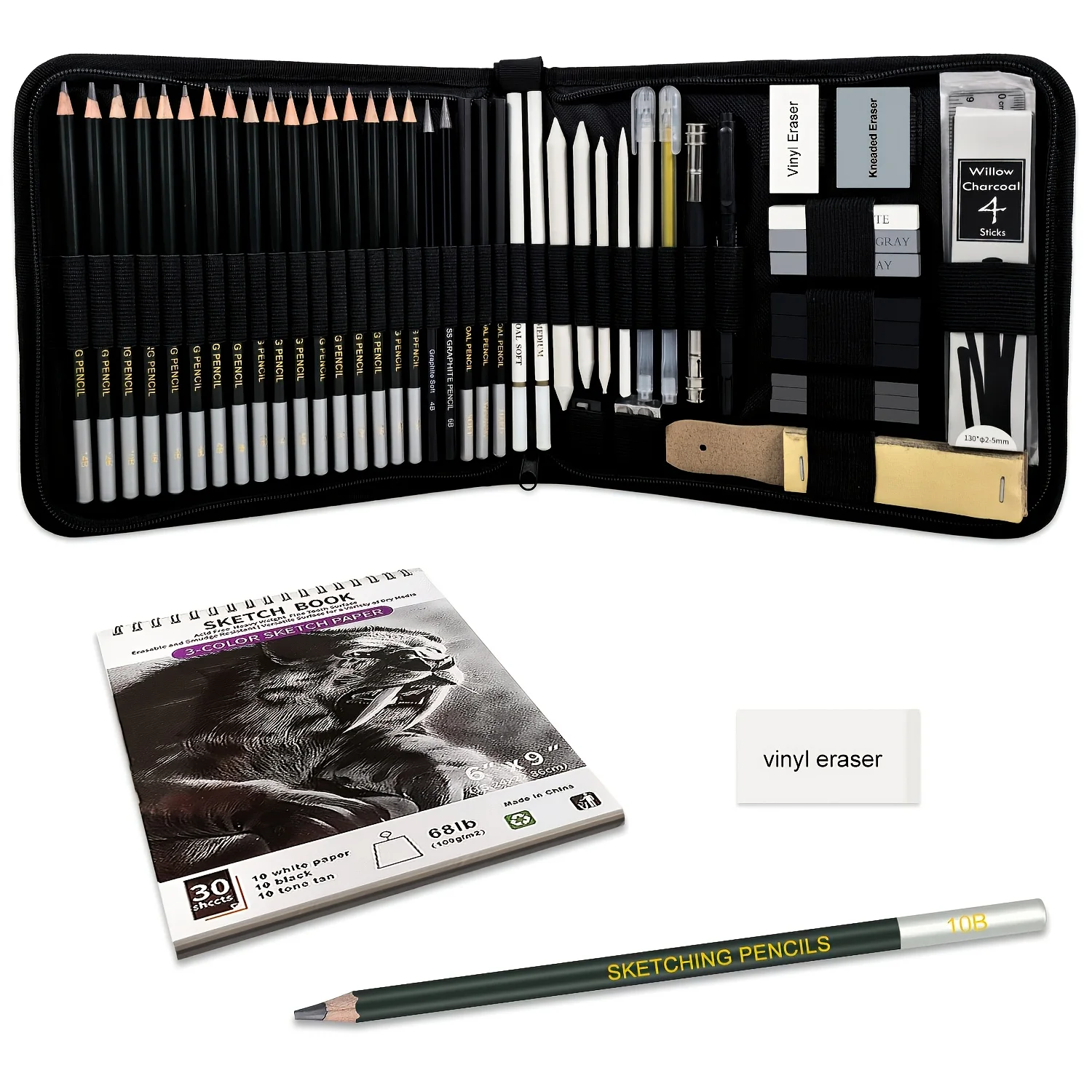 55 Drawing Kit Sketching Pencils Set,Portable Zippered Travel Case-Charcoal Pencils, Sketch Pencils, Charcoal Stick,Sharpener,Er