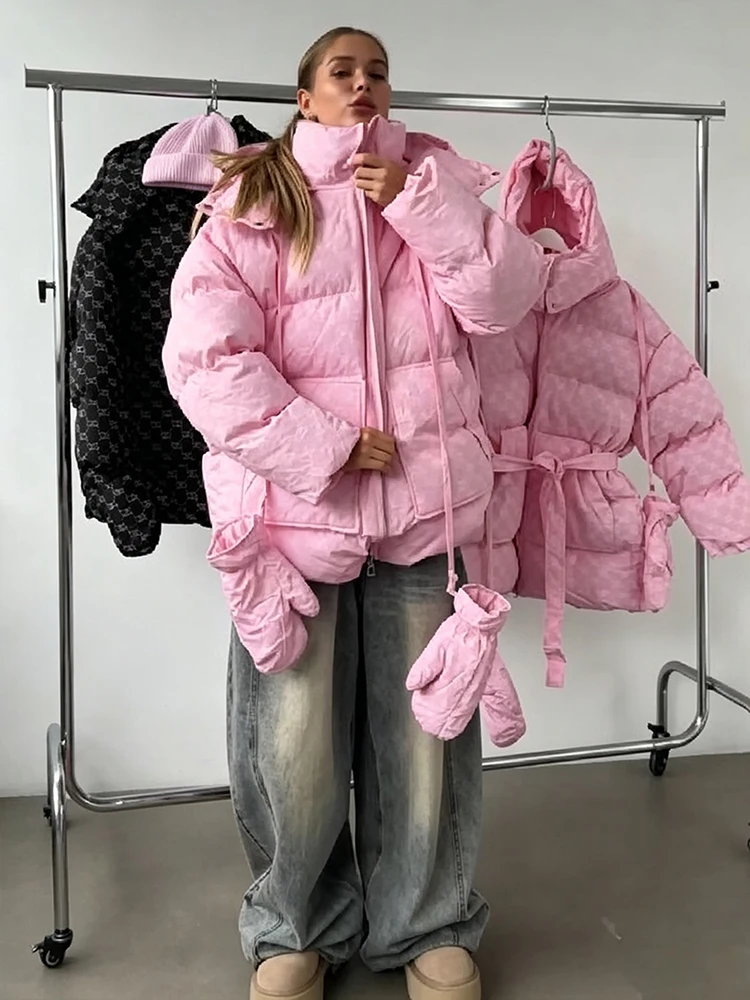 Fashion Pink Printed Cotton Jacket Trend Stand Collar Hooded Zipper Pocket Oversized Coat Lady Winter Casual Warm Outerwear