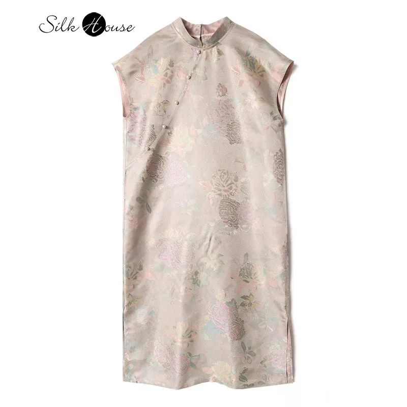 

2025 Women's Summer New 100% Natural Mulberry Silk Song Brocade Colorful Peony Printed Sleeveless Stand Up Collar Dress