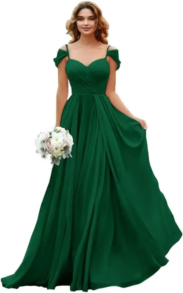 Szyfonowe sukienki dla druhen z odkrytymi ramionami, eleganckie sukienki dla kobiet, plisowane sukienki w kształcie litery A, długie sukienki dla gości weselnych z kieszeniami.