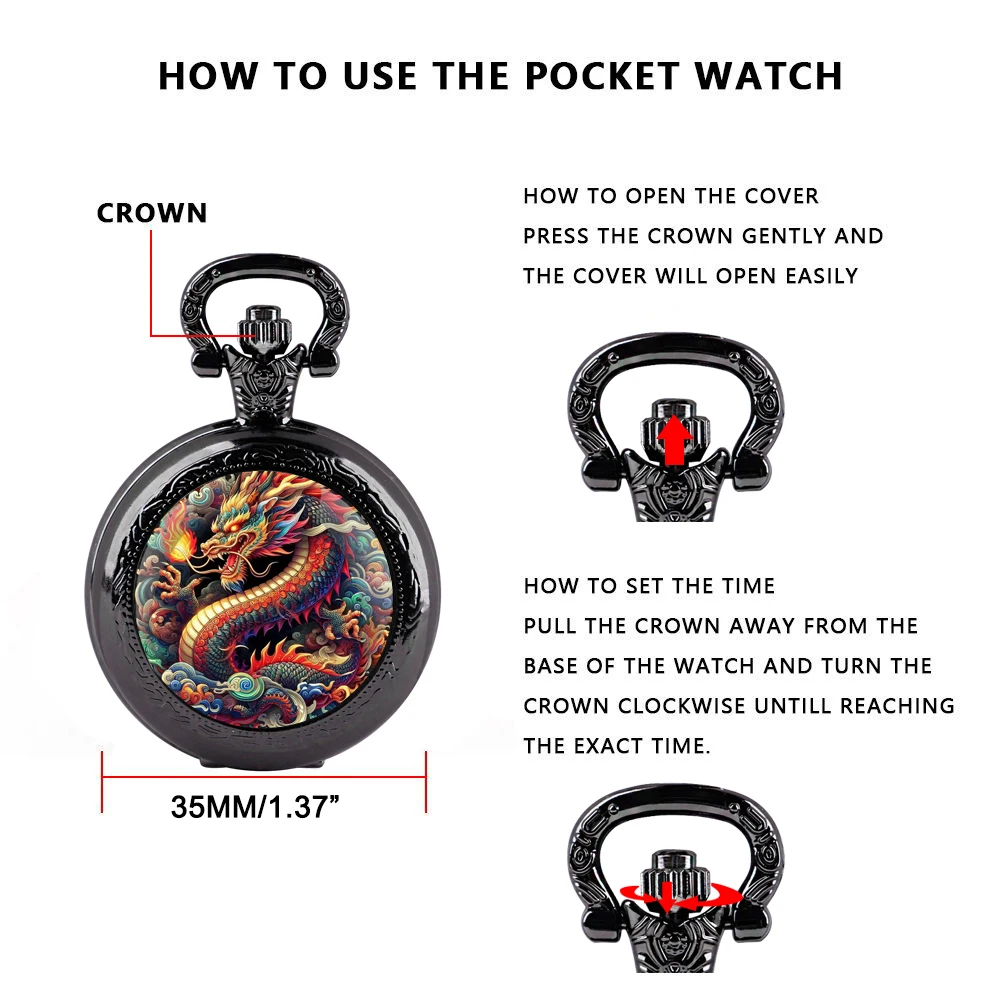 Back-to-school Gifts for Kids Quartz Pocket Watch Dragon Design Glass Dome Necklace Pendant Pocket Watch Clock for Mens Womens