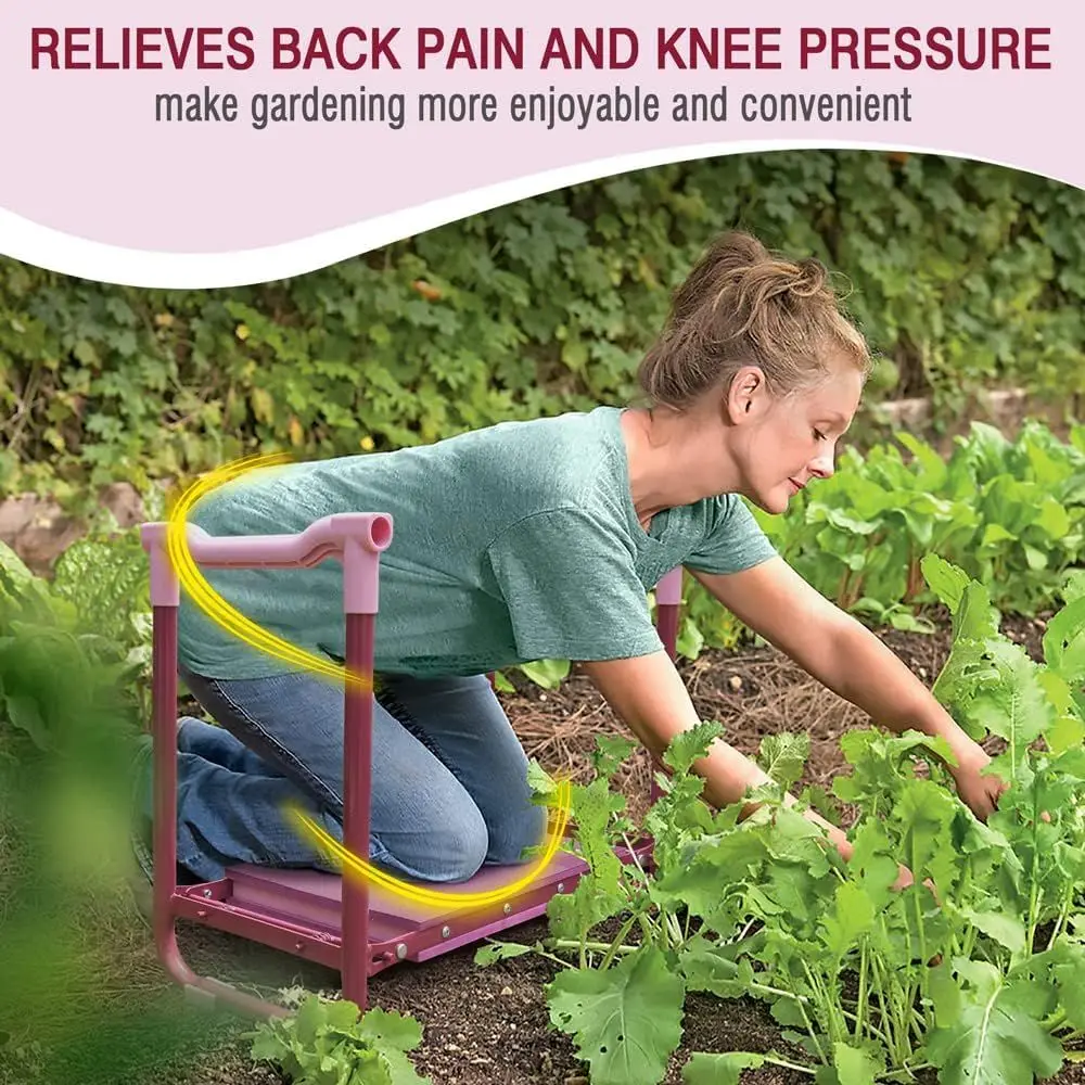Ginocchiera da giardinaggio viola con struttura in acciaio, sedile e custodia per attrezzi, imbottitura in schiuma EVA per il massimo comfort