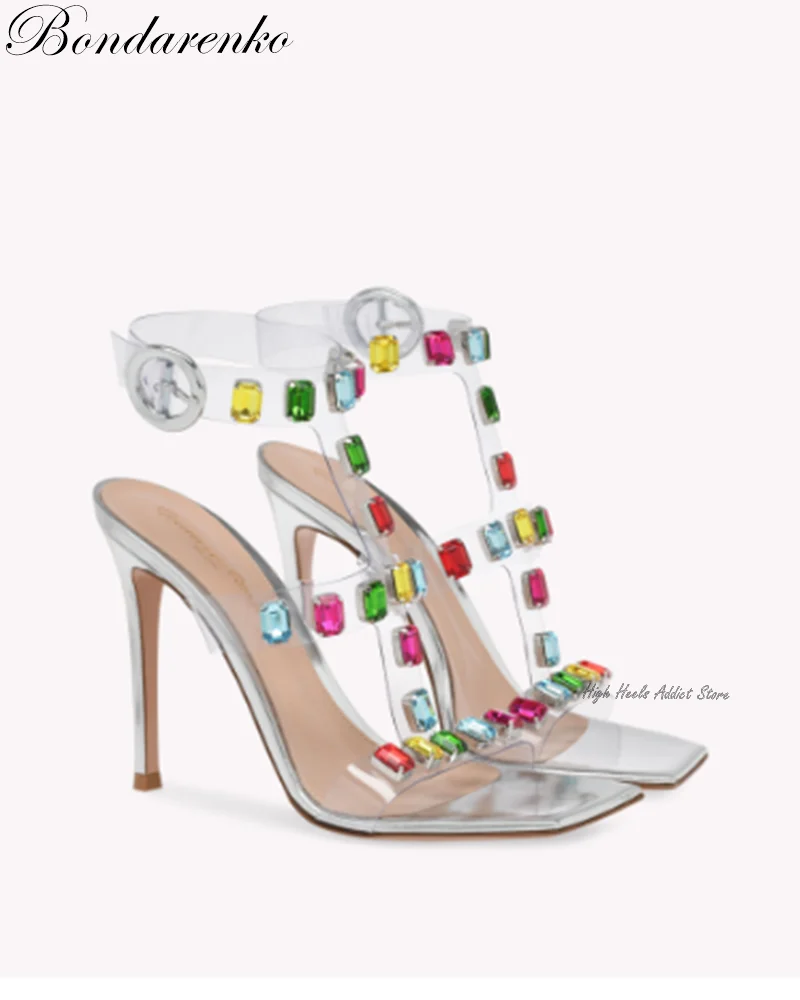 Clear Rainbow Gem Bling Sandals Square Toe PVC Stiletto High Heels Ankle Strap Pumps Women Elegant Party 2023 New Designer Shoes