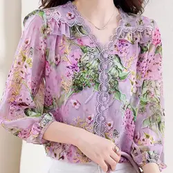 3/4 Sleeved Chiffon Single Breasted Blouses Shirts for Women Floral  Autumn 2023 New Fashion Lace Patchwork V Neck Top