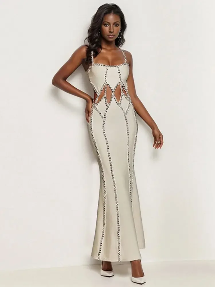 

2024 Summer New Women's Sexy Heavy Industry Diamond Spaghetti Strap Hollow Out Mermaid Bandage Celebrity Long Dress