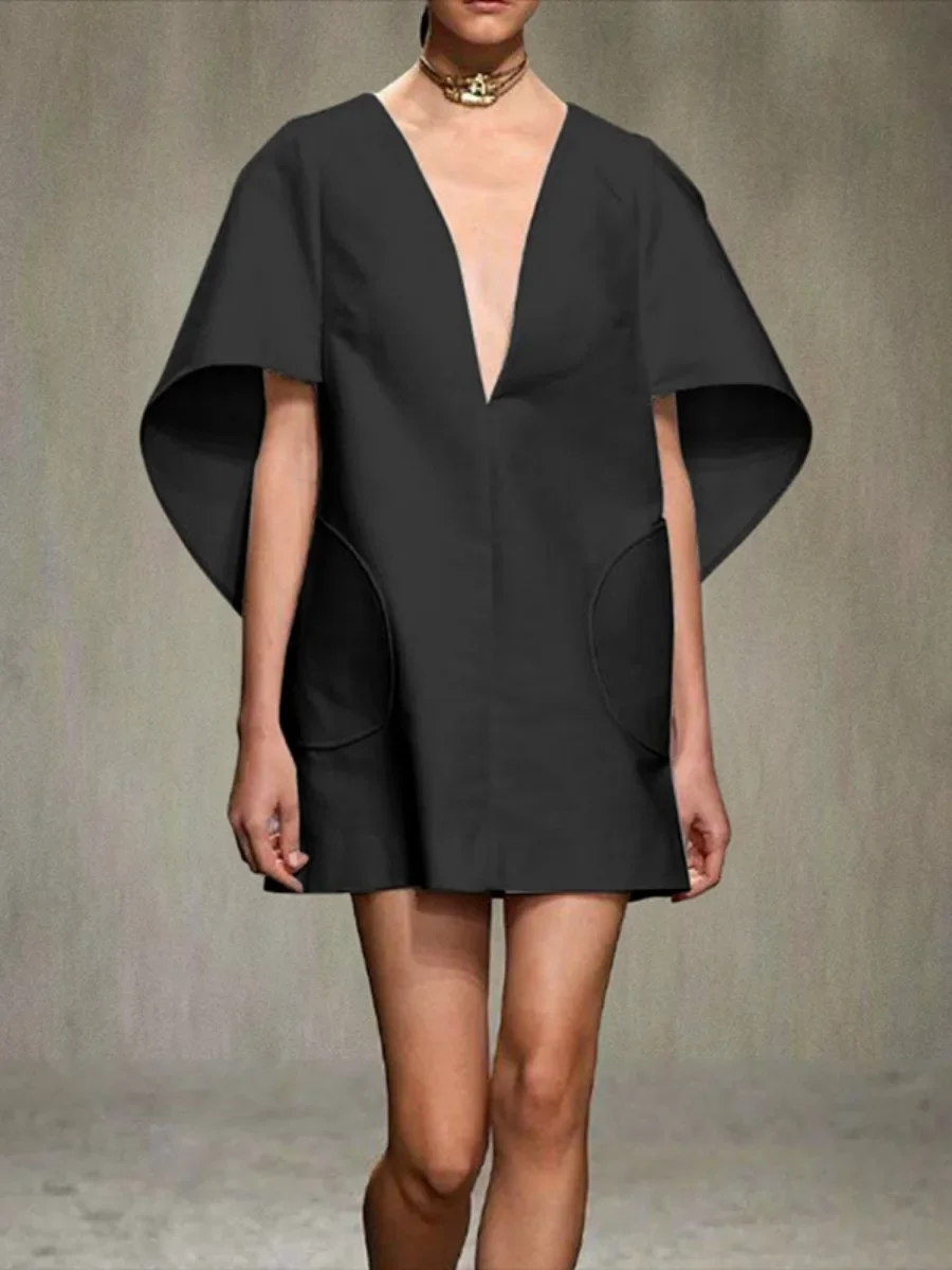 Missuoo Women\'s Personalized Clothes Solid Color Deep V-neck Half Sleeves Loose Fit Dress Summer Fashion Above Knee Dresses