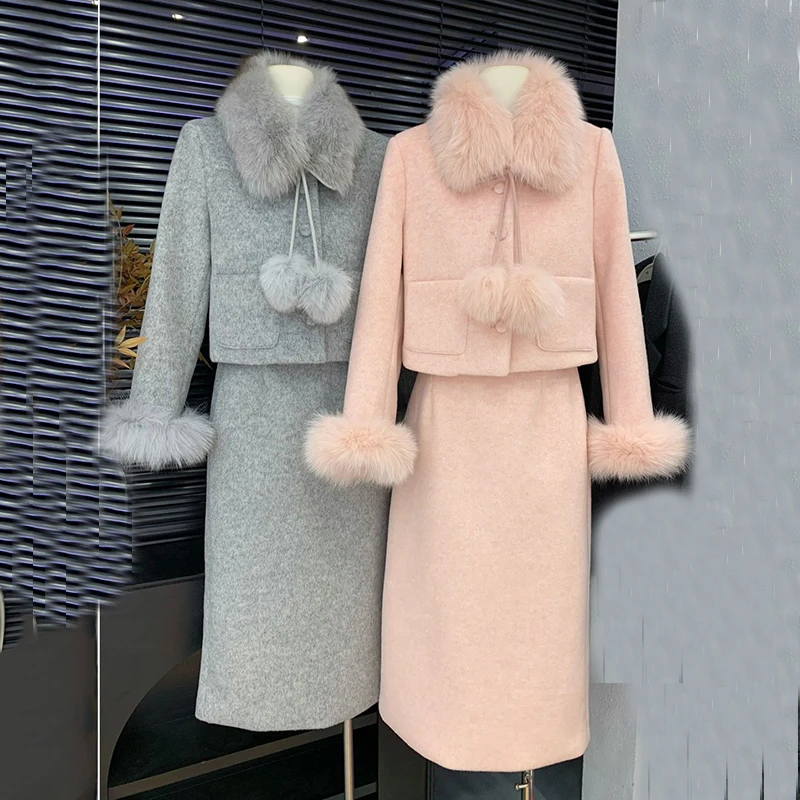 2025 Spring Winter New Fur Two piece Elegant Skirt Set Half length Skirt Light Luxury Wollen Coat Down Set Women's Stylish Work