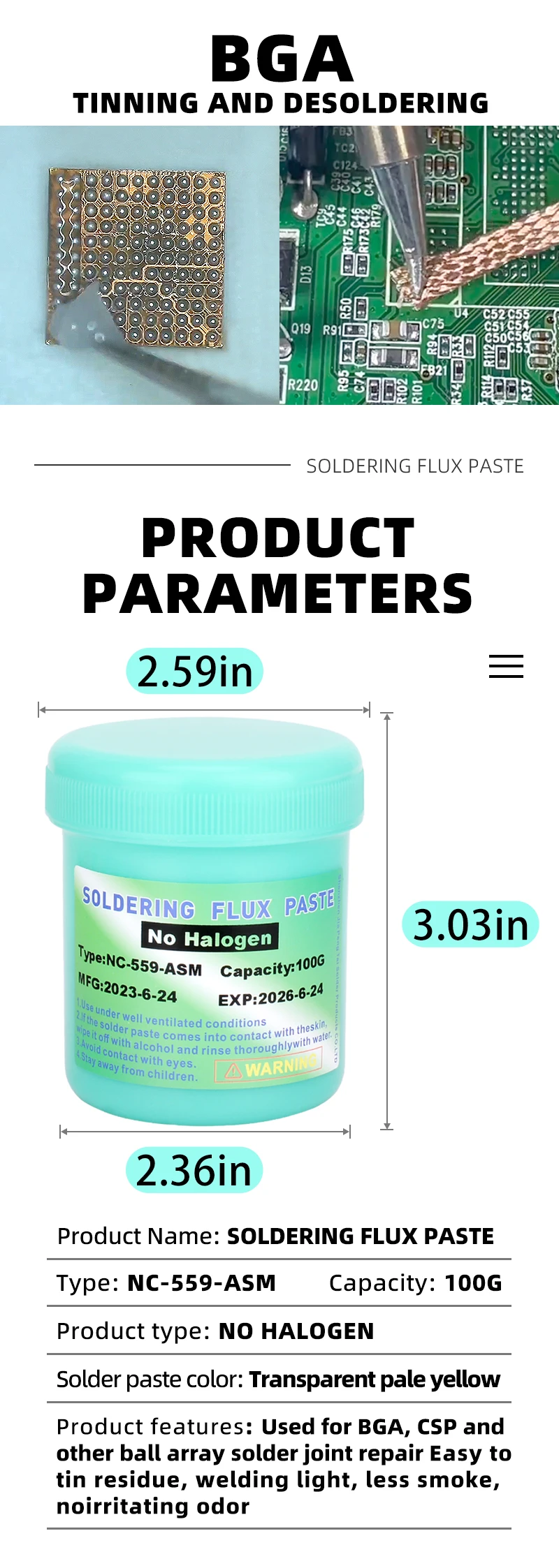 Paste 100 % Original NC-559-100g ASM Flussmittel zum Löten 100 g No-Clean-Lötflussmittelspitze Auffrischung Löten PCB-Reparaturschweißen – Detail 6