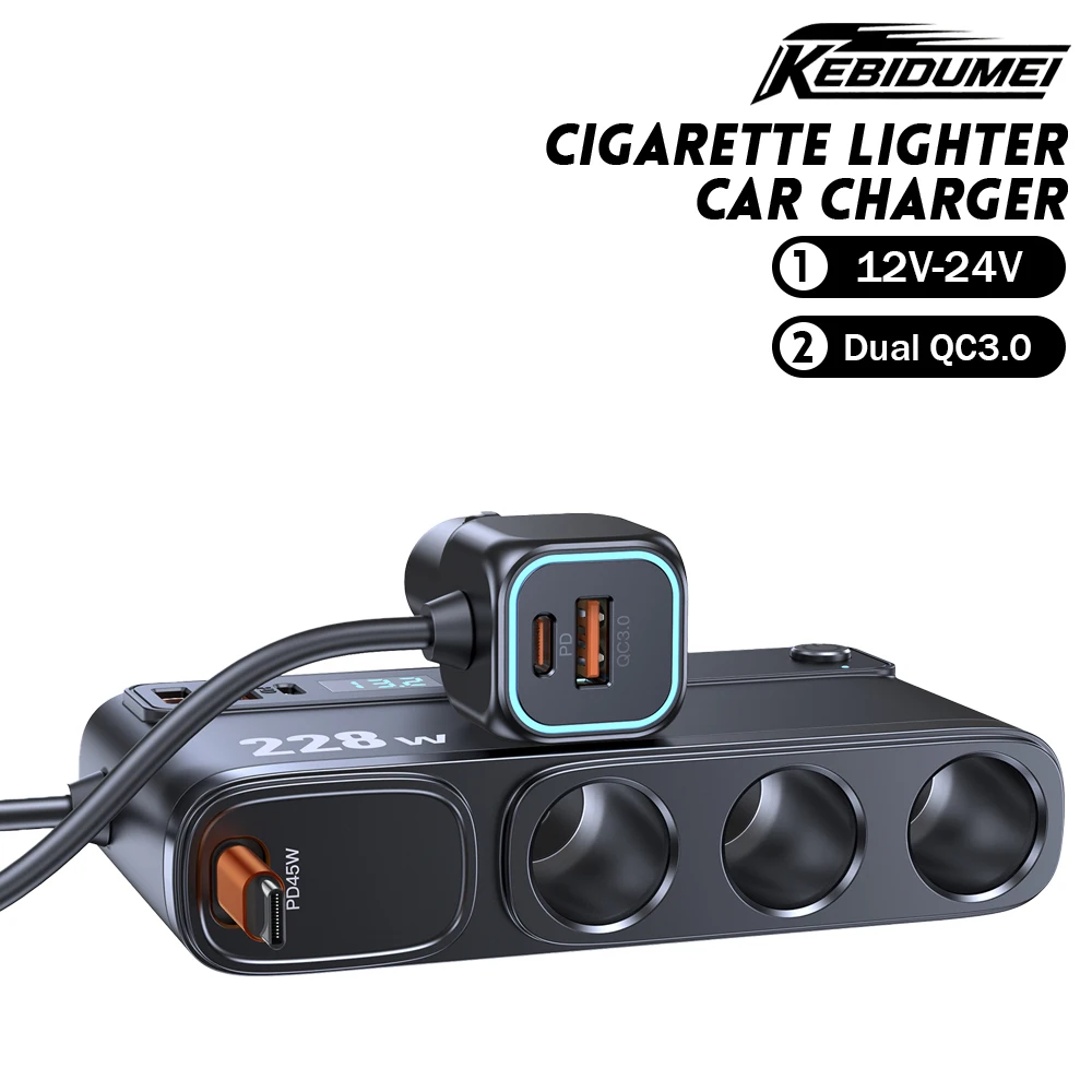 KEBIDUMEI Car Cigarette Lighter Socket Splitter 228W PD QC3.0 Charger 9-in-1 Power Adapter Independent Switches Car Accessories