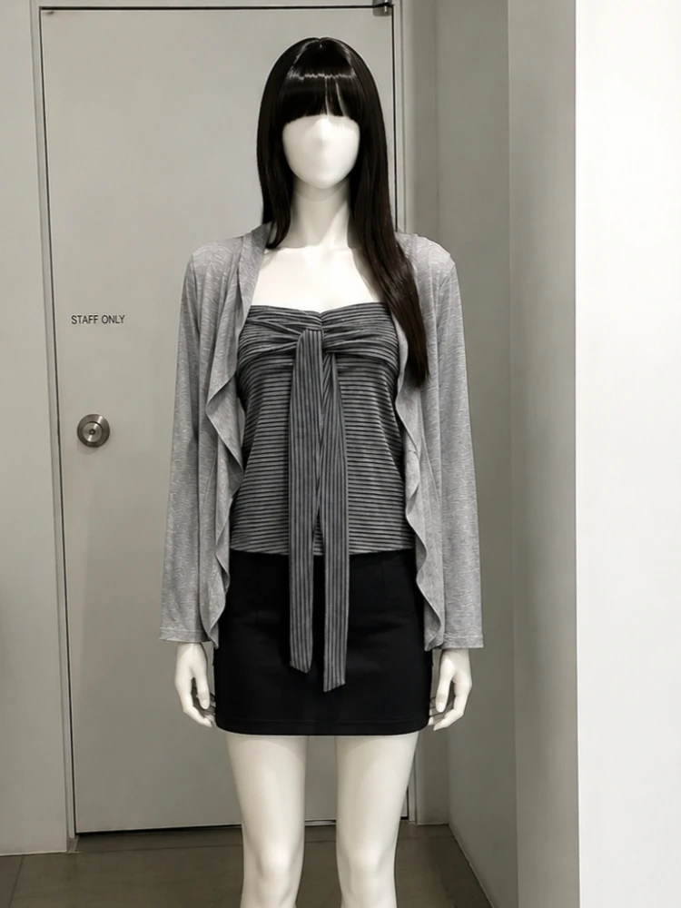 Korean Trend Fall Two‑Piece Ensemble Striped Bandeau Vest Long Sleeve Knit Cardigan Retro US Inspired Matching Suit for Women