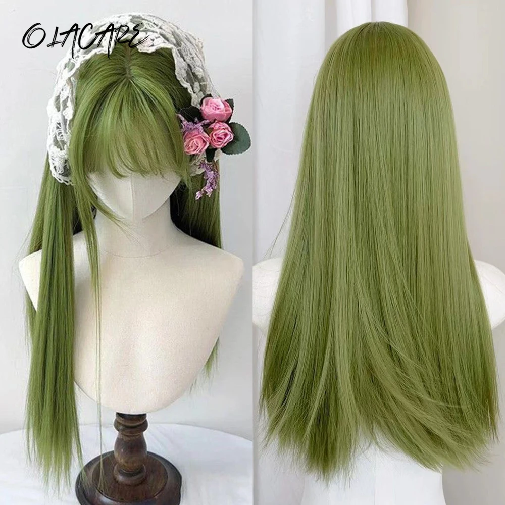 

Synthetic Green Long Straight Wigs for Women Colorful Cosplay Party Fake Hair with Bangs White Wig HighTemperature LM
