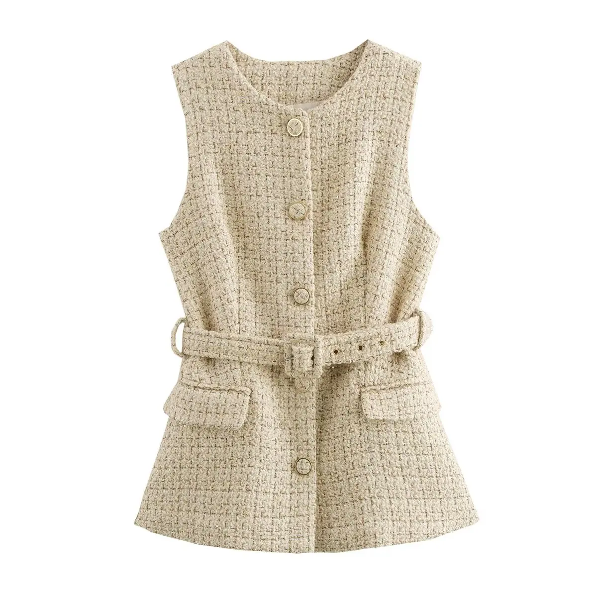 Tangada Women 2024 Tweed Waistcoat With Belt Vintage Sleeveless Female Outerwear QW011