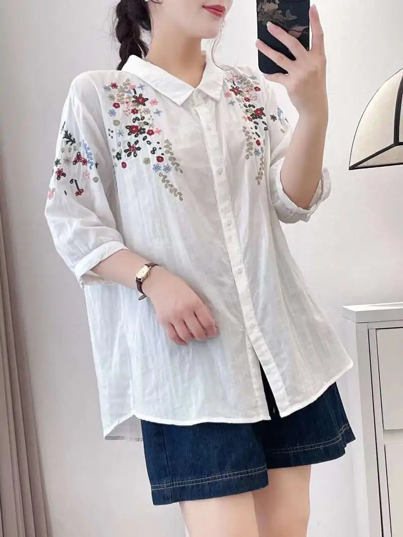 New Summer Cotton Half Sleeve Shirts Lapel Floral Embroidery Tops Mori Girl Retro Casual Loose Blouses 2024 Autumn T46973QM