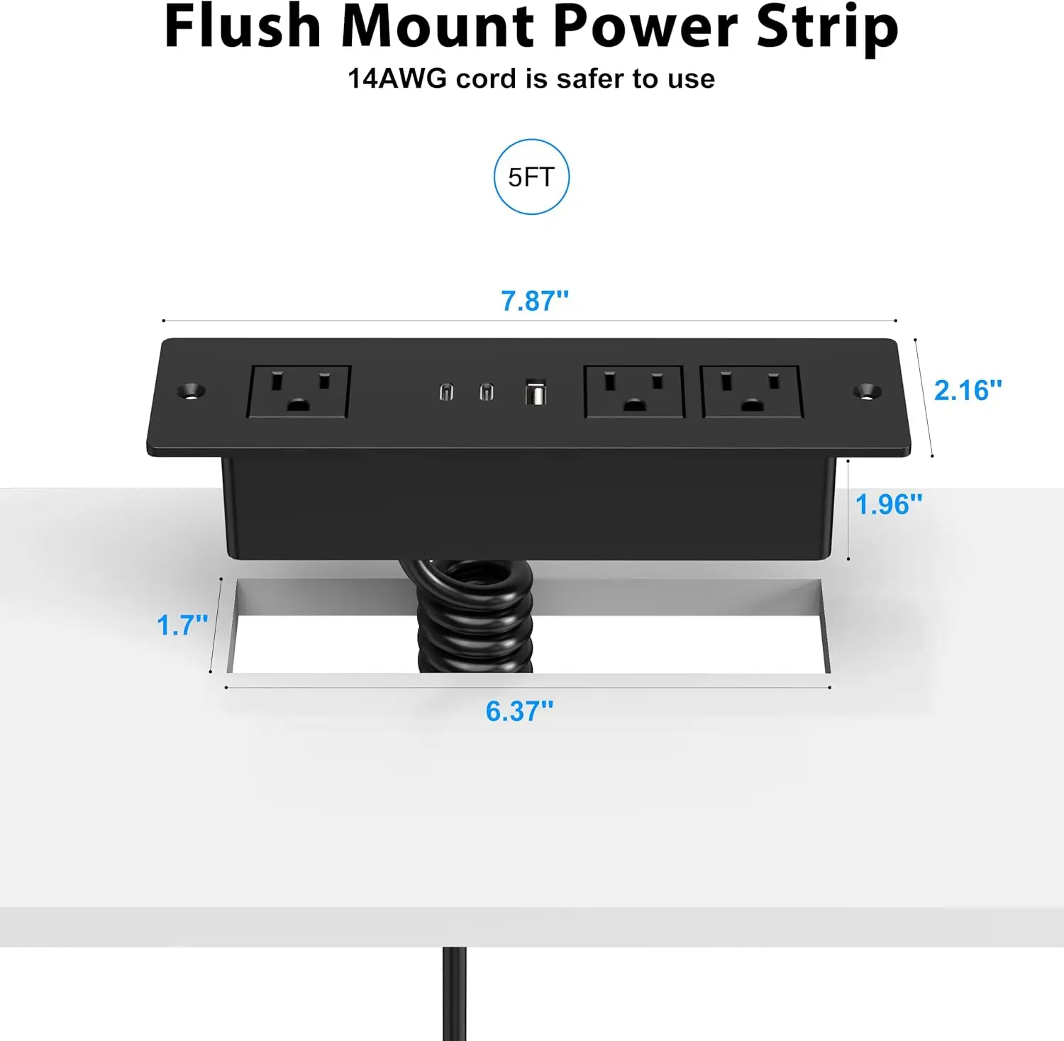 Furniture Drawer Outlet, Recessed Power Strip with (3) PD 20W USB Ports Fast Charging