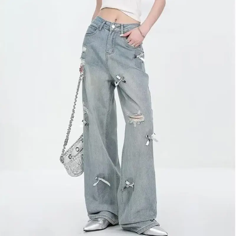 

Bow Ripped Jeans for Women High Waist Straight Pants Loose Wide Legs Denim Trousers Vintage Y2k Clothing Trendy Plus Size