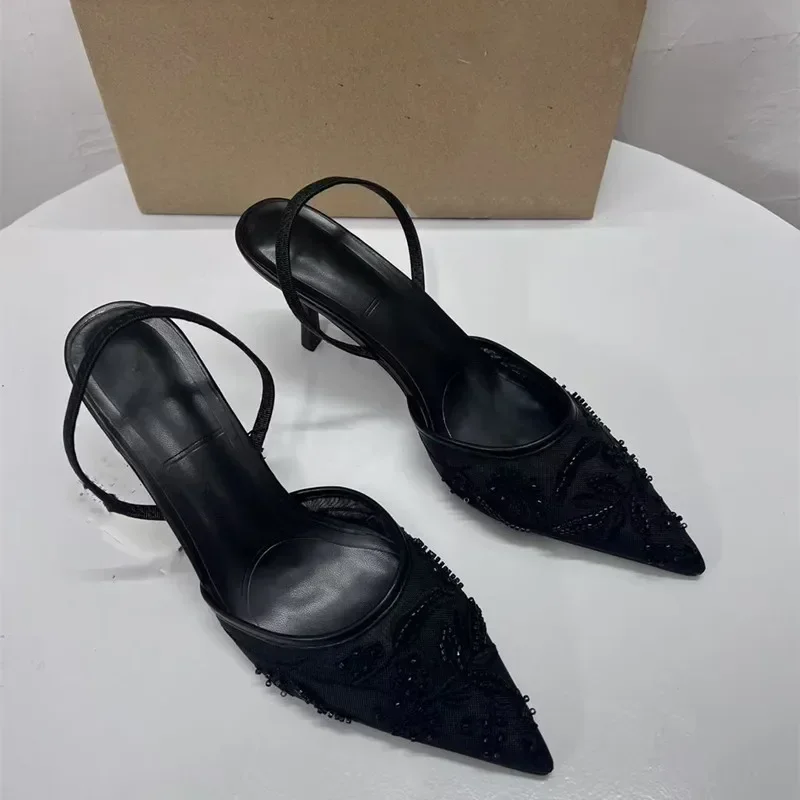 2025 New Black Woman Embroidered Mesh Open Heel Shoes Fashion Print Stiletto Women High-heel Pumps Sexy Pointed End Sandals image 2