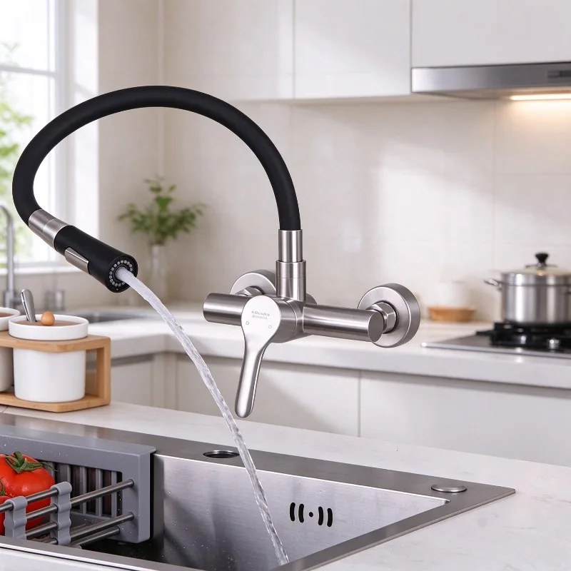 Stainless Steel Wall Mounted Faucet, Hot & Cold Swivel Rotating Kitchen Tap, Recessed Laundry Sink Faucet for Balcony & Bathroom