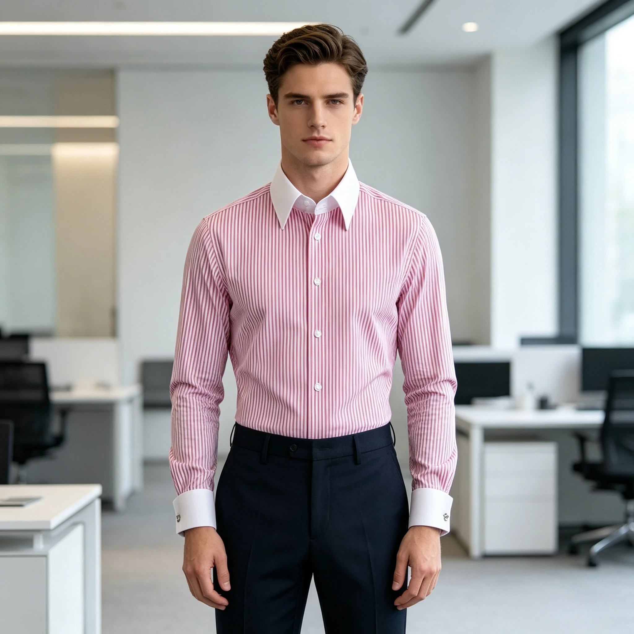Men's French Cufflinks Shirt, Long Sleeved Slim Fit, Contrasting Collar, Pink Striped Business Formal Dress, Men's Top