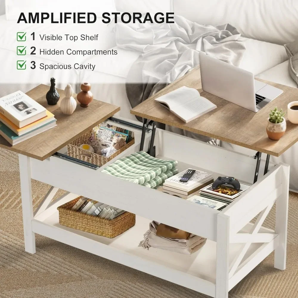 Lift Top Coffee Table with Storage, 39" Wooden Table for Lifting Top with Hidden Compartment, X Design Coffee Table for Living &