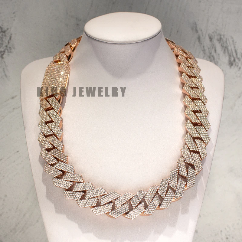 Hot Sale Hip Hop Jewelry 925 Sterling Silver 26mm Width Iced Out Rose Gold Plated Moissanite Cuban Link Chain For Men