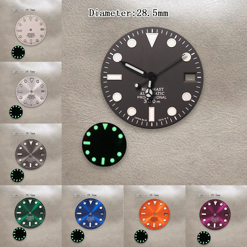 28.5mm S Logo SUB Sunray Dial NH35 Dial Fit NH36/4R/7S Movement Green Luminous  High Quality Watch Modification Accessories