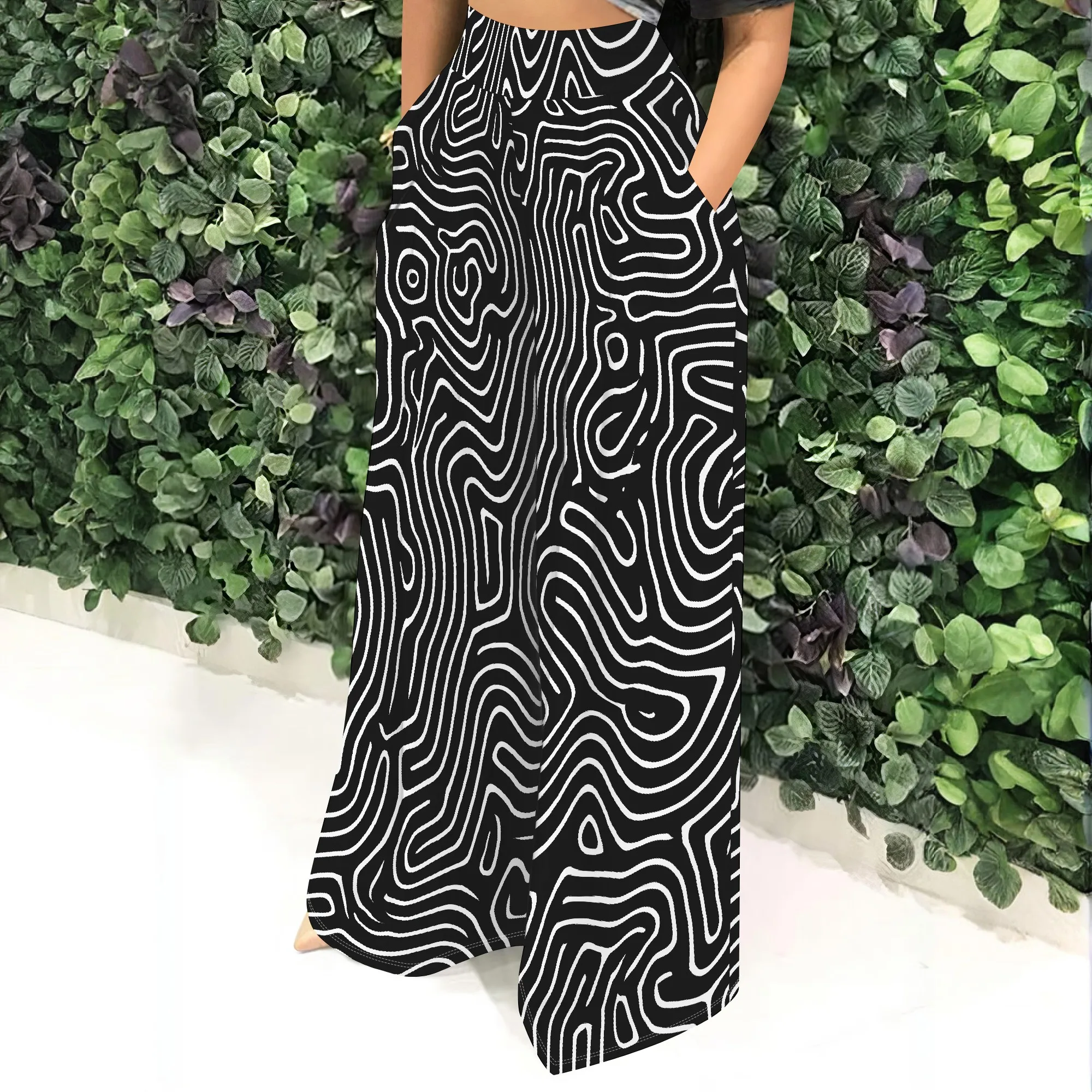 High Waist Wide Leg Pants, Abstract Line Print Trousers, Loose Fit Casual Pants, Pocket Palazzo Pants for Women, S-2XL