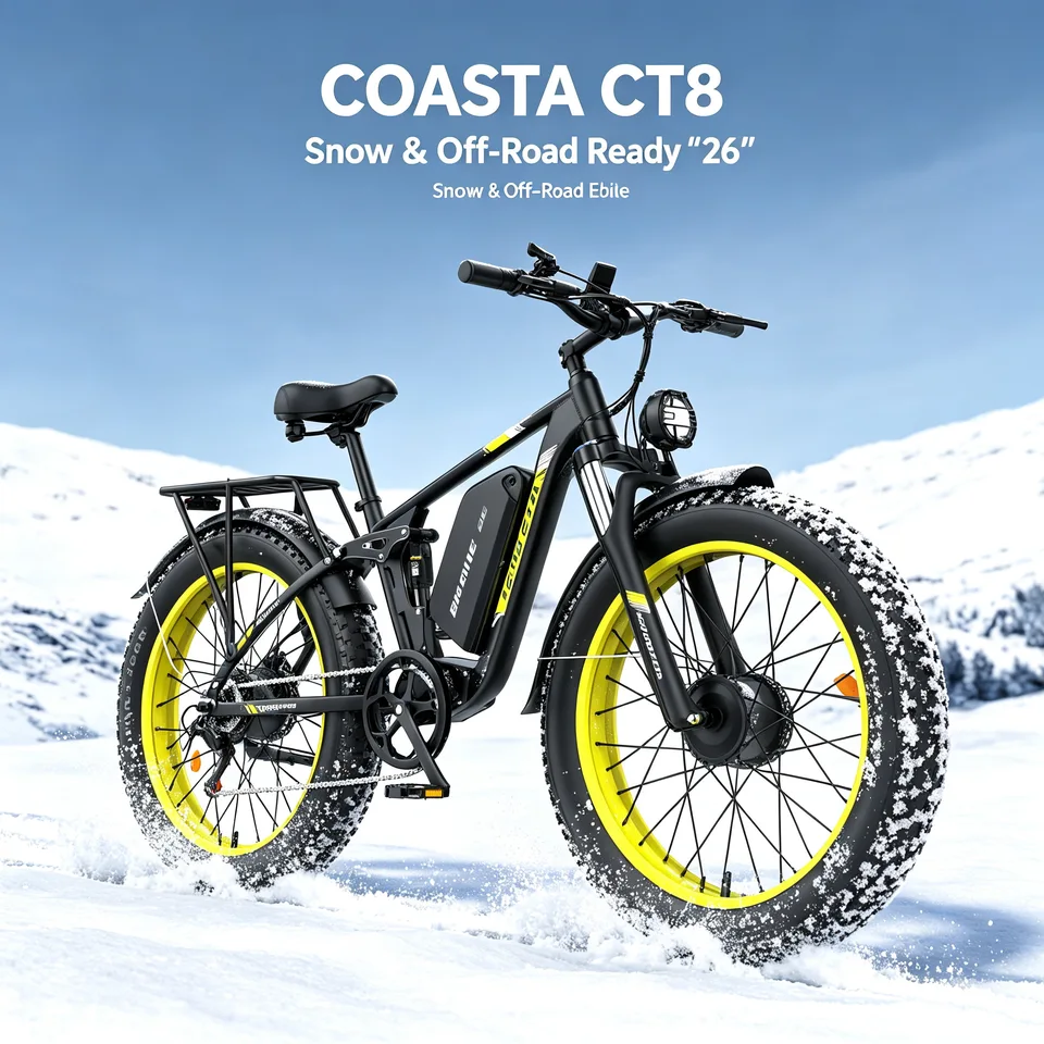 COASTA CT8 Yellow 26"×4.0 Fat Tire Electric Bike Dual Motor Full Suspension E‑Bicycle 3000W Peak 60V Removable Battery Hydraulic Disc Brake Shimano 7‑Speed LCD Display LED Headlight Max Load 150KG For Snow Beach Mountain Off‑Road Riding image 4