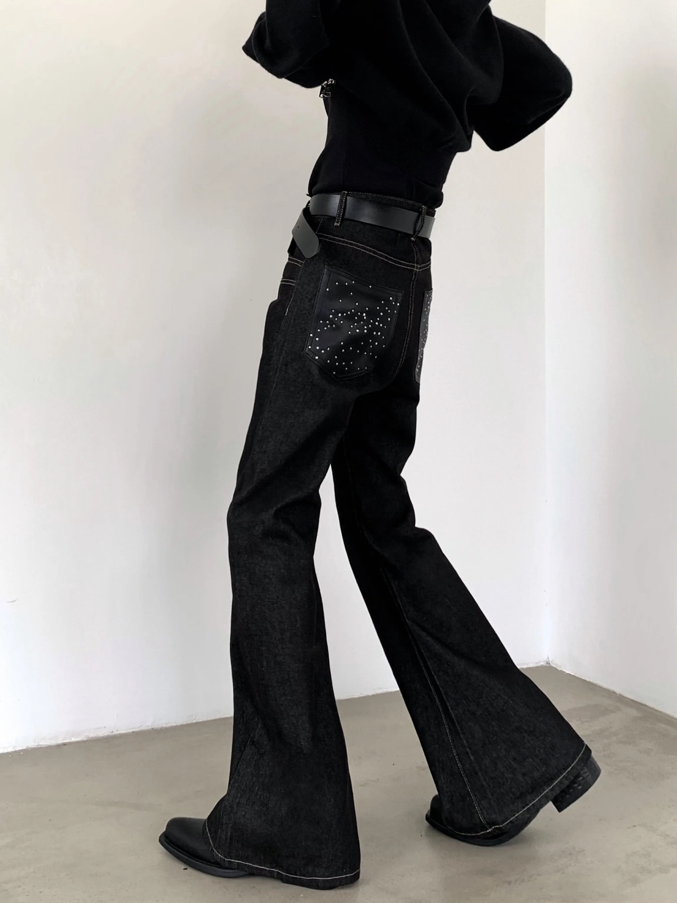 High Waist Cotton Blend Men's Jeans with Diamond Embellishment Extended Length Original Blue American Retro Flared Denim